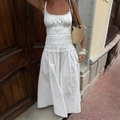 White cotton smocked sundress with ruffled neckline and A-line long skirt - S / White
