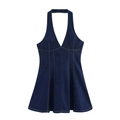 Abito denim scuro da donna con scollo a V profondo e silhouette a trapezio - S / Blu