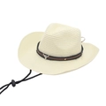 Off-white straw cowboy hat with leather band and metal bull head emblem on white backdrop - One Size (Straw + Rope) / Milky White (Small Bull Head)