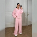 Pink women's lounge set featuring half-zip sweatshirt and high-waist wide-leg pants - S / Pink