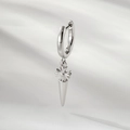 Silver steel hoop earring with detailed cross dagger pendant on soft white fabric - Spiked Cross Style (A874-8)