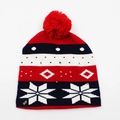 Winter LED knit beanie in red and navy with snowflake patterns and pom pom detail - Hat Style 9 (Red White Blue Snowflake)