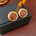 Vintage style round gold earrings with reddish-brown wavy enamel and sparkling diamonds - 49# Silver Earring Post - Gold - Coffee