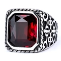 Vintage stainless steel ring for men with large red gemstone and engraved patterns - US 7 / Red Stone