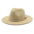 Classic beige Panama Fedora hat with woven texture and gold metal buckle decorative band - M(56-58cm) / Khaki