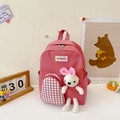 Pink toddler backpack with plush bunny and red checkered pocket for kindergarten - Red