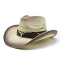 Classic straw western cowboy hat with cattle skull emblem and gradient brim design - M(56-58cm) / Retro Distressed Bull Head Style (Decoration 3)