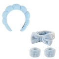 Light blue sponge spa headband set with matching wristbands and bow hair tie for face washing - Blue Headband Wristbands And Hair Tie Set