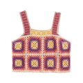 Detail von buntem Häkel-Crop-Top mit Vintage-Granny-Square-Muster und Stickerei-Details - XS / Beige Basis