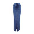 Detail of high waist dark blue skirt featuring 3D floral accents and elegant front slit - S / Blue