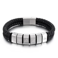 Men's double-layered black braided leather bracelet with six engraved stainless steel beads - Silver / 19cm