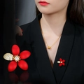 Red matte flower brooch with opal and crystals pinned on a black suit blazer - Red Flower Brooch (4206F)