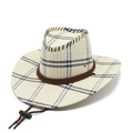 Western style woven straw sun hat with blue plaid trim and adjustable chin strap - M (56-58cm) / Beige Blue Grid (05)