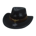 Western black felt cowboy hat with leather rivet band and bull head metal pendant - One Size (M Peach Star) / Black (Golden Bull Head)