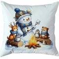 Housse de coussin blanche avec bonhomme de neige et animaux autour d'un feu de camp - Style 8