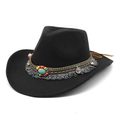 Chapeau de cow-boy en feutre noir avec perles turquoise, glands et ruban tissé - Noir