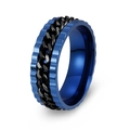 Blauwe heren draaibare spinner ring met zwarte ketting en industrieel tandwielontwerp - US 12 / Blauwe Ring + Zwarte Ketting
