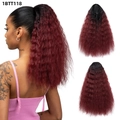 Detail view of ombre black to red long wavy ponytail with drawstring mesh net base - Black to Wine Red Ombre (1BT118)