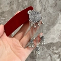 Silver ethnic style tassel earrings with round pattern and bell charms on red velvet - Red Velvet Silver Tassel BB Clip