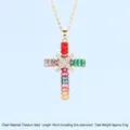 Titanium steel cross necklace featuring vibrant rainbow zircons and gold chain - Cross No.53 Gold (A1330)