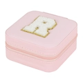 Pink square travel jewelry box featuring a plush white letter R and gold embroidery - Letter R (No Mirror) (FS61) / 10x10x5cm