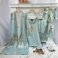 Ensemble pyjama 5 pièces en satin vert menthe avec imprimé floral, robe et caraco - Cerise Vert Clair