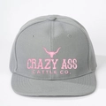 Grey flat brim baseball cap with pink Crazy Ass Cattle Co. bull embroidery - Adjustable / Gray