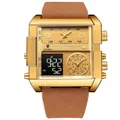 Poedagar gold square men's watch with brown leather strap and dual time display - Gold Case Brown Strap (P997)