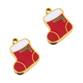 Christmas stocking charms in red and white enamel with gold metal frame for DIY jewelry - Gold White Trim Red Stocking