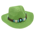 Detail of green straw sun hat featuring a bohemian turquoise bead ethnic band decoration - Grass Green