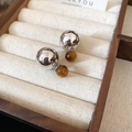 Detail of silver geometric stud earrings with amber translucent double ball design - Double Ball Heterochromatic Design Style (5# Silver Needle-Silver-Coffee)