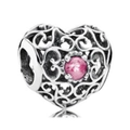 Pink gemstone silver charm bead with intricate hollow scrollwork and heart shape - Hollow Scroll Pink Diamond Heart Style (032)