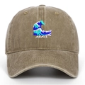 Detailed wave embroidery and Japanese characters on a vintage washed cotton baseball cap - Khaki