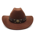 Classic brown felt western cowboy hat with studded leather band and vintage metal emblem - M (56-58cm) / Brown