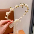 White lace flower headband with pearls, green leaves and a ribbon bow for girls - Single Floral Headband