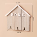 Nordic house-shaped wooden wall hook with white HOME lettering and three retro metal hooks - HOME Style House Hook / Natural Wood Color