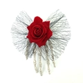 Gothic Halloween hair clip with red rose, black lace and white skeleton hand on white background - Rose Lace Hairpin - Large
