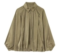Detailed close-up of olive green puff sleeve poplin shirt with textured pleats - S / Army Green
