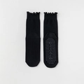 Mid-calf black yoga socks with wavy cuffs and silicone non-slip dots for Pilates - One Size / Black