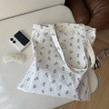 Bolso de lona de algodón beige con flores púrpuras y etiqueta textil interna - Base Blanca Pequeñas Flores Púrpuras Caladas