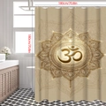 Detailed view of golden Mandala and Om pattern shower curtain with 180x180cm size markings - 90*180cm / Green (Om Mandala)