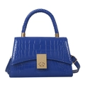Royal blue crocodile pattern handbag with braided handle and gold metal lock - Blue