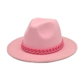 Detailed close-up of a pink wool fedora hat with a thick decorative acrylic link chain - M (56-58cm) / Candy Pink with Pink Chain