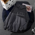 Dark gray fleece hoodie with heart rhythm print and kangaroo pocket in a casual style - S / Tops / Dark Gray