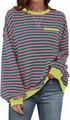 Detail of green and pink striped sweatshirt with yellow ribbed collar and pocket - S / Pink and Green