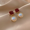 Elegant gold drop earrings with dark red square enamel and round white pearls on silk - 38# Oil-drop Square Pearl Earrings