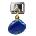 Detail of blue shell charm with golden ring on Italian modular link bracelet - Deep Blue Seashell