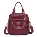 Deep red soft leather backpack with multi-zipper pockets and silver hardware - Burgundy