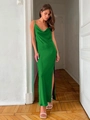 Elegante abito sottoveste in seta verde smeraldo con scollo a cappuccio e spacco alto - S / Verde