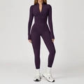 Slim fit dark purple yoga jumpsuit with long sleeves and front zipper closure - S / Top And Bottom (Without Chest Pads) / Grape Purple